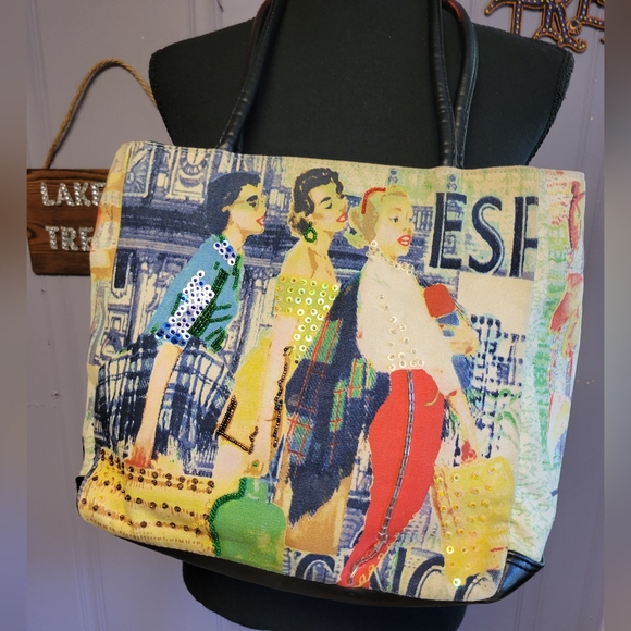 🆕🛒🛍️💥Vintage Frankie &Johnny Stylish Women's beaded, Printed Tote Bag - Picture 1 of 14